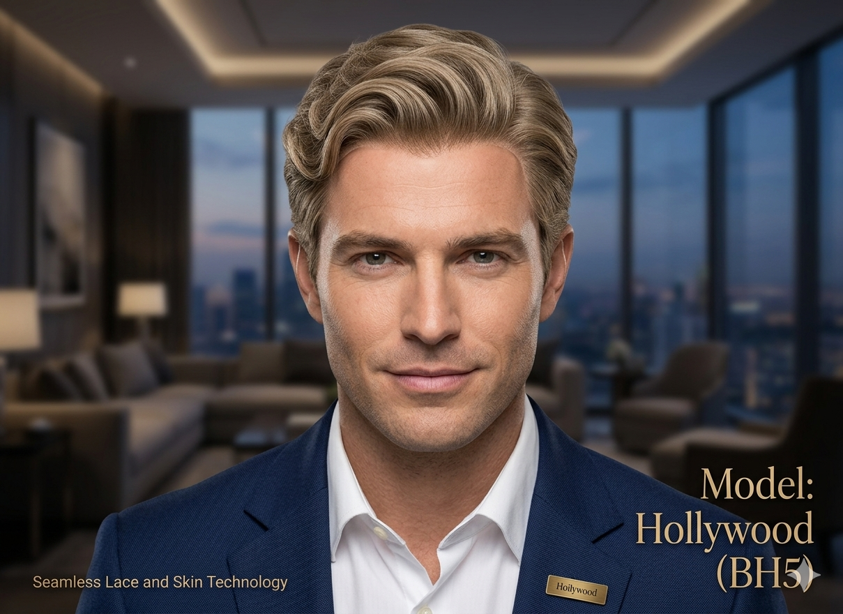 Hollywood Men's Hair System - Ultra-Breathable Lace with Clear Poly Base | Natural Human Hair